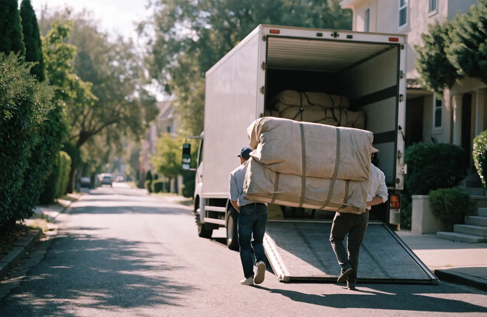 Two movers carrying a blanket-wrapped sofa up the ramp of a moving truck on a Palo Alto street