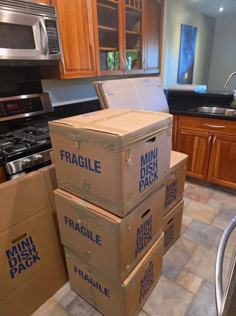 Professional movers handling large kitchen appliances